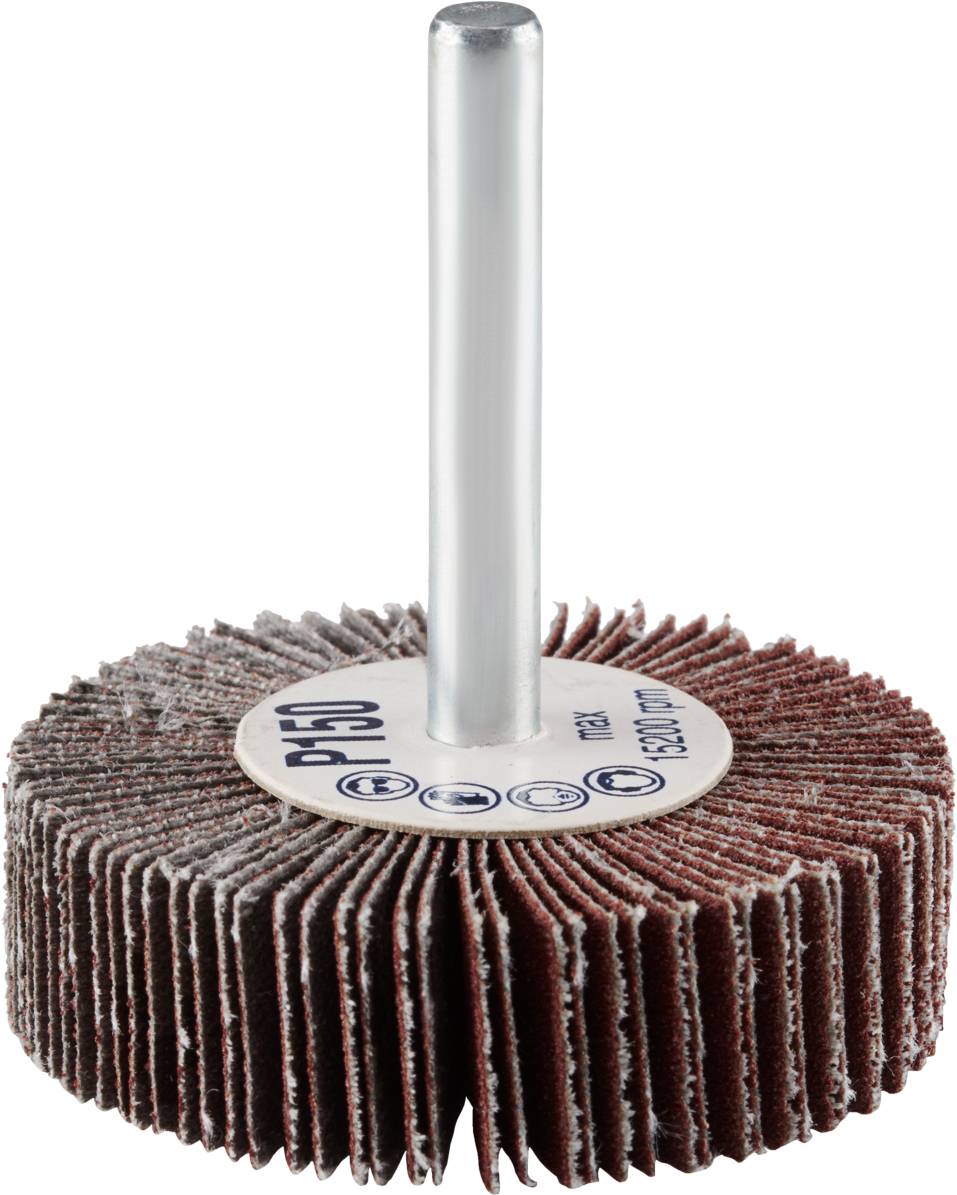 Schleifwerkzeug mit rundem Kopf und abrasiven Lamellen, montiert auf einem Metallstiel, für Schleif- und Polierarbeiten.