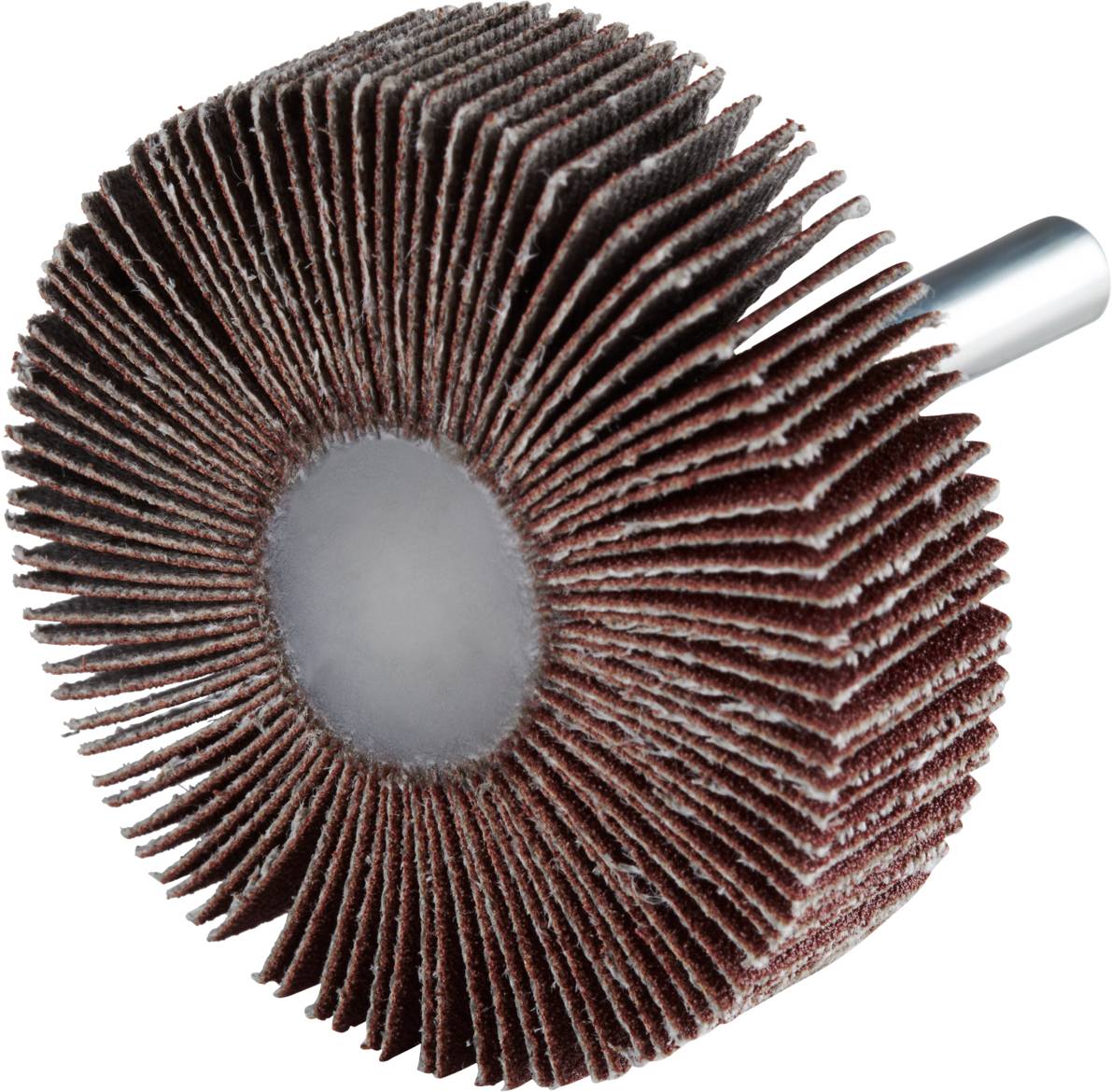 Ein Schleiflamellenrad mit radial angeordneten Schleifblättern und Metallstift. Verwendet für Oberflächenbearbeitung und Polieren.