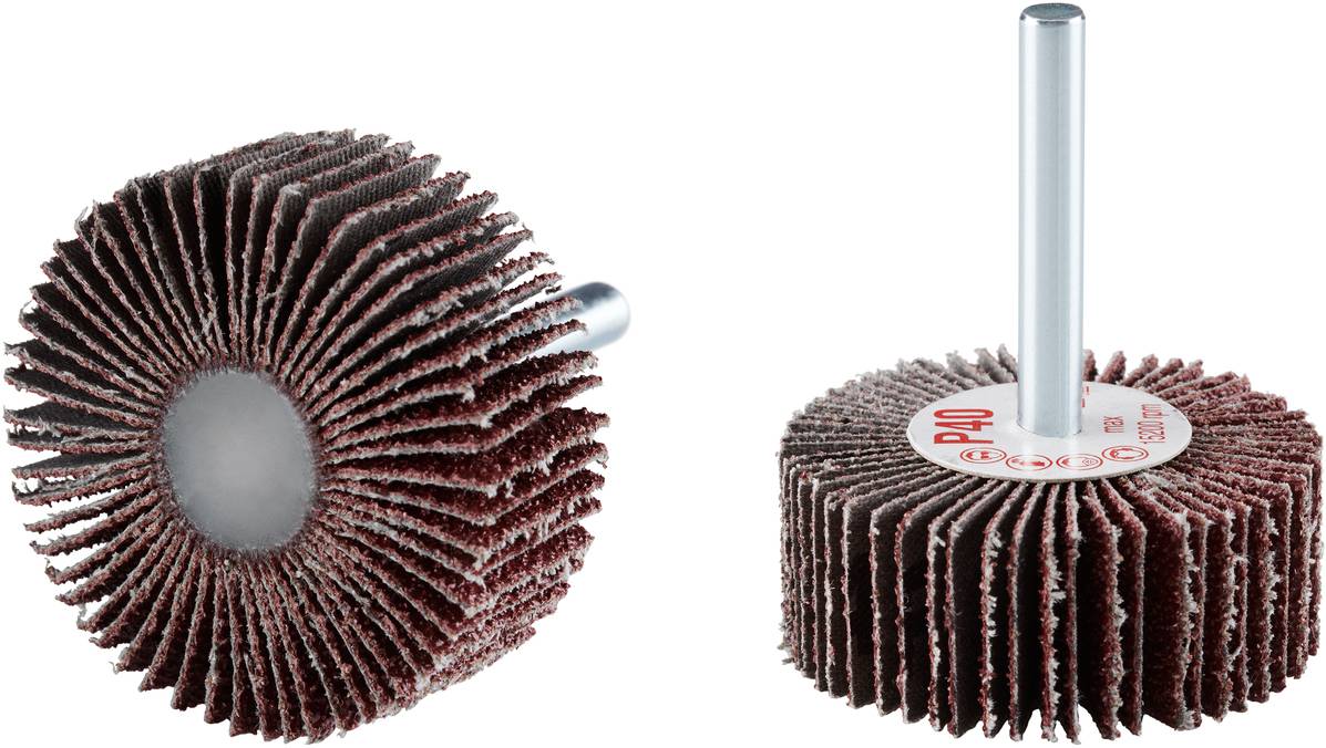 Zwei Schleifmopaufsätze mit körniger Oberfläche und Metallschaft. Eignen sich zum Polieren und Schleifen verschiedener Materialien.