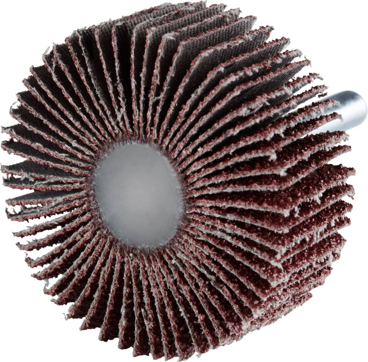 Schleifaufsatz in Raddesign mit vielen rotbraunen Lamellen, die radial um den Kern angeordnet sind. Verwendet für Glätten und Polieren von Oberflächen.