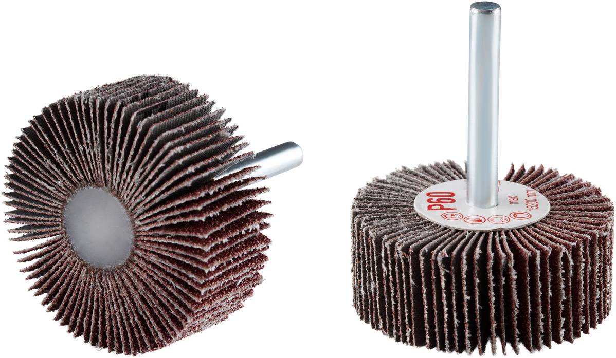 Zwei Schleifmopräder aus Schleifpapier auf Stiften, eines frontal und das andere seitlich gezeigt, mit Körnung P60 gekennzeichnet.