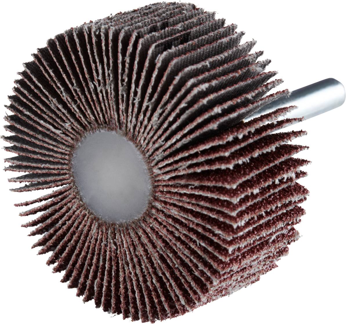 Schleifaufsatz mit zahlreichen radial angeordneten Lamellen aus Schleifpapier, montiert auf einem runden Metallstab.
