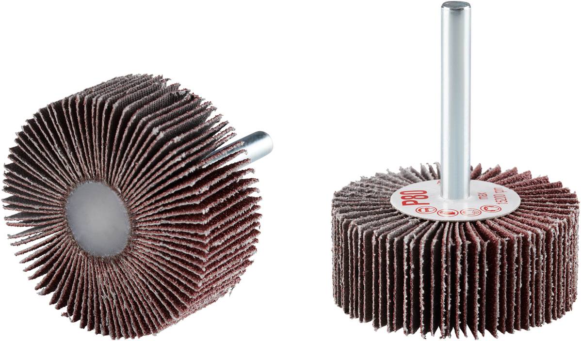 Zwei Lamellen-Schleifräder mit Halterung. Sie sind aus abrasivem Material gefertigt und werden zum Schleifen von Oberflächen verwendet.