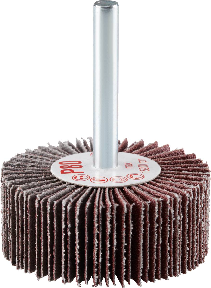 Schleifmop mit rotbraunen Lamellen und einem Metallstift zur Befestigung. Geeignet für Schleifarbeiten bei anspruchsvollen Oberflächen.