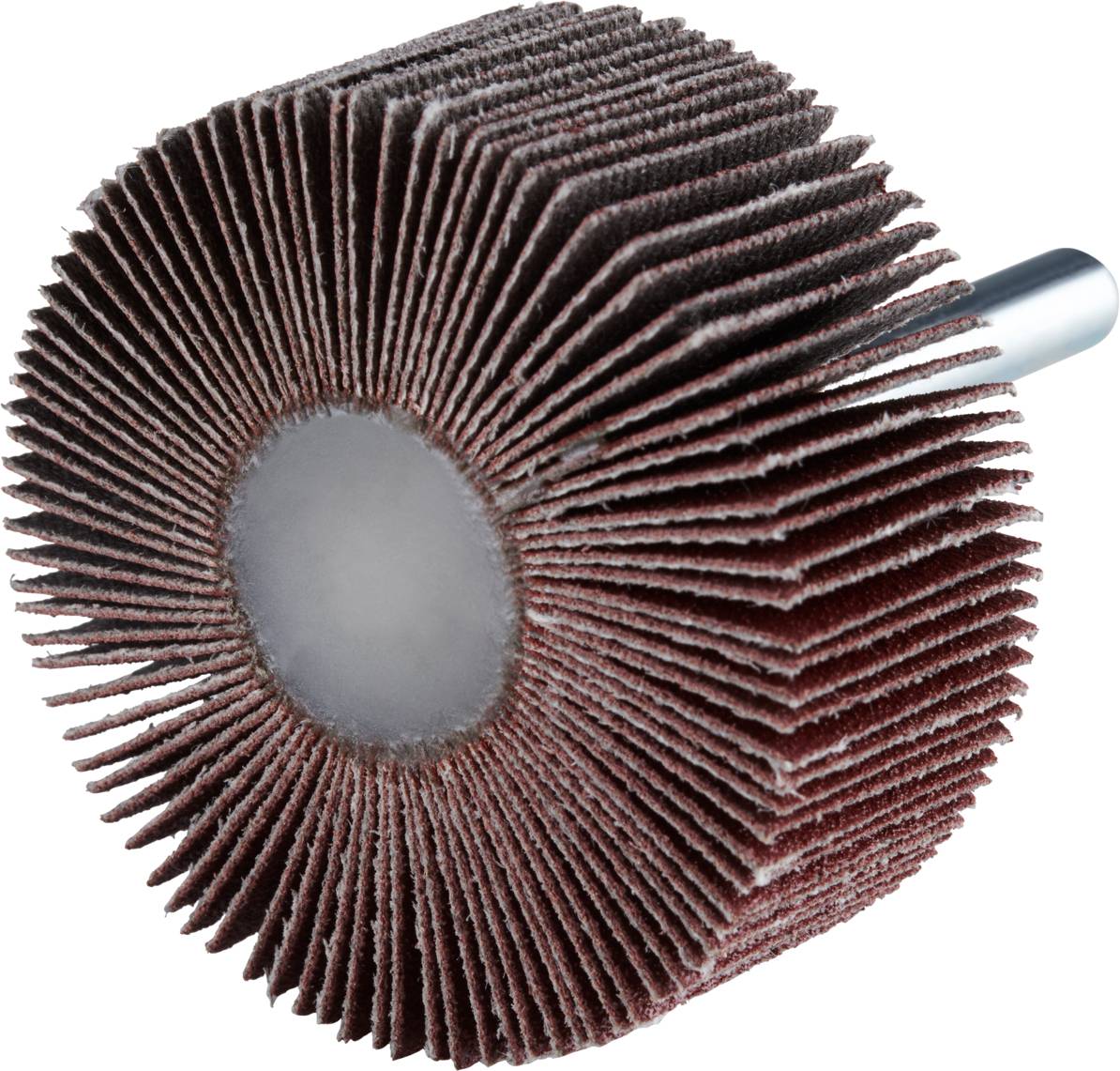 Schleifmopserad aus vielen Lagen von Schleifpapier, radial angeordnet um eine zentrale Achse. Verwendet für das Schleifen und Glätten von Oberflächen.