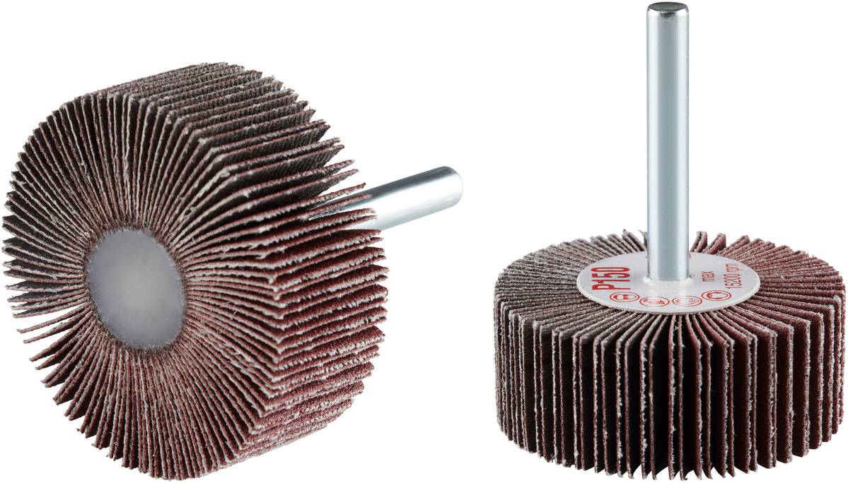 Zwei Schleifwalzen mit mittelkörnigem Schleifmaterial, montiert auf Metallstäben, eignen sich für Oberflächenbearbeitung und Polieren.