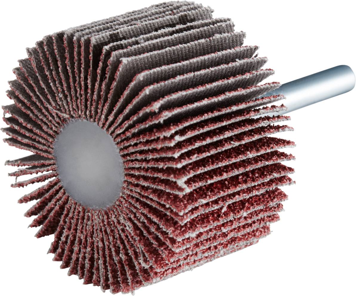 Ein Schleifwerkzeug mit radial angeordneten Schleifblättern, das für die Oberflächenbearbeitung von Metall oder Holz verwendet wird.