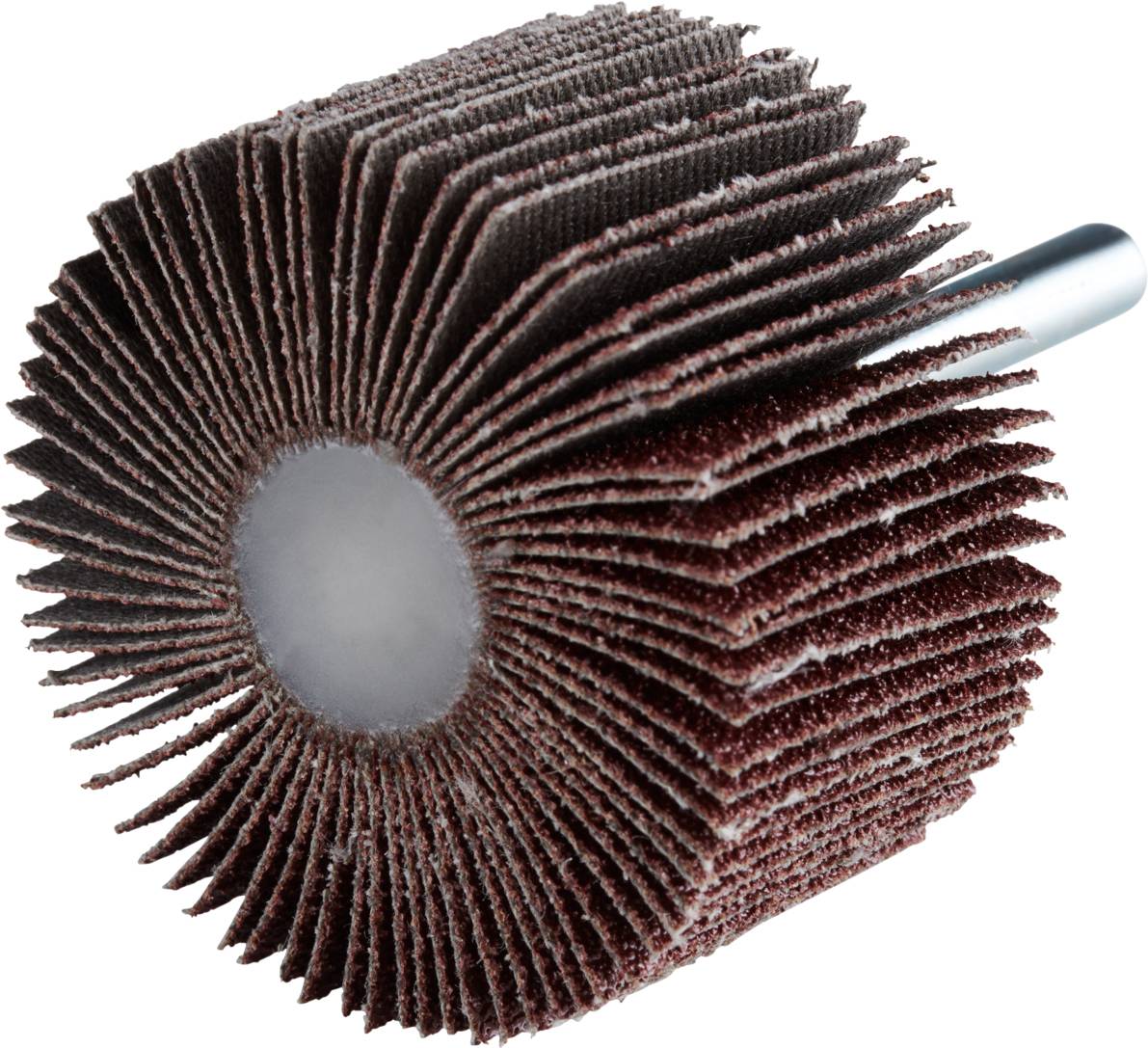 Ein Schleifaufsatz mit vielen Lamellen für eine Bohrmaschine, verwendet zum Schleifen und Glätten von Oberflächen.