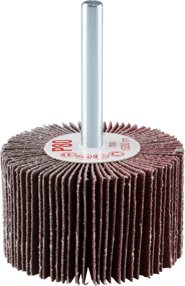 Ein Fächerwalzenschleifer mit rundem Schleifkopf und Metallstiel. Geeignet zum Schleifen und Polieren von Oberflächen.