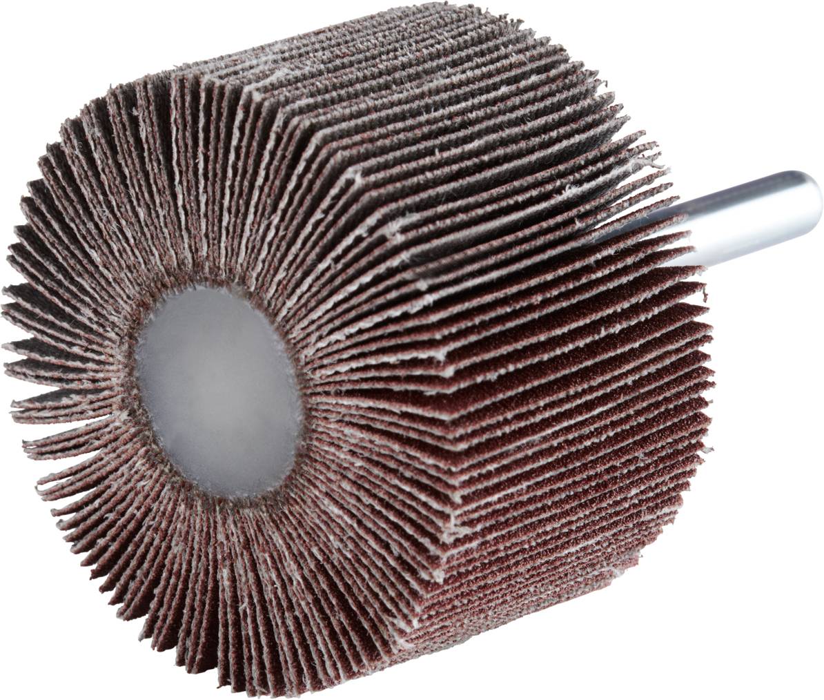 Schleiflamellenwalze aus Schmirgelpapier mit einem Metallschaft, verwendet zum Schleifen und Polieren von Oberflächen in Werkstätten.