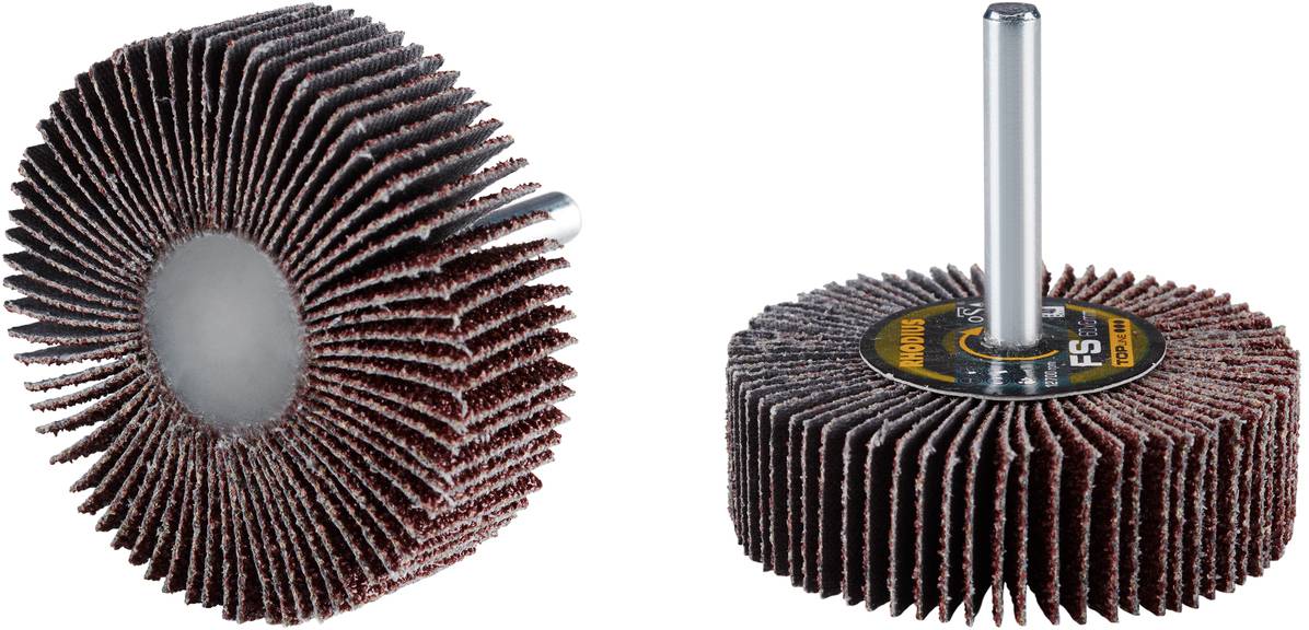 Schleifvliesscheiben zur Oberflächenbearbeitung, mit Schaft zur Befestigung. Geeignet zum Schleifen und Polieren von Metallen.