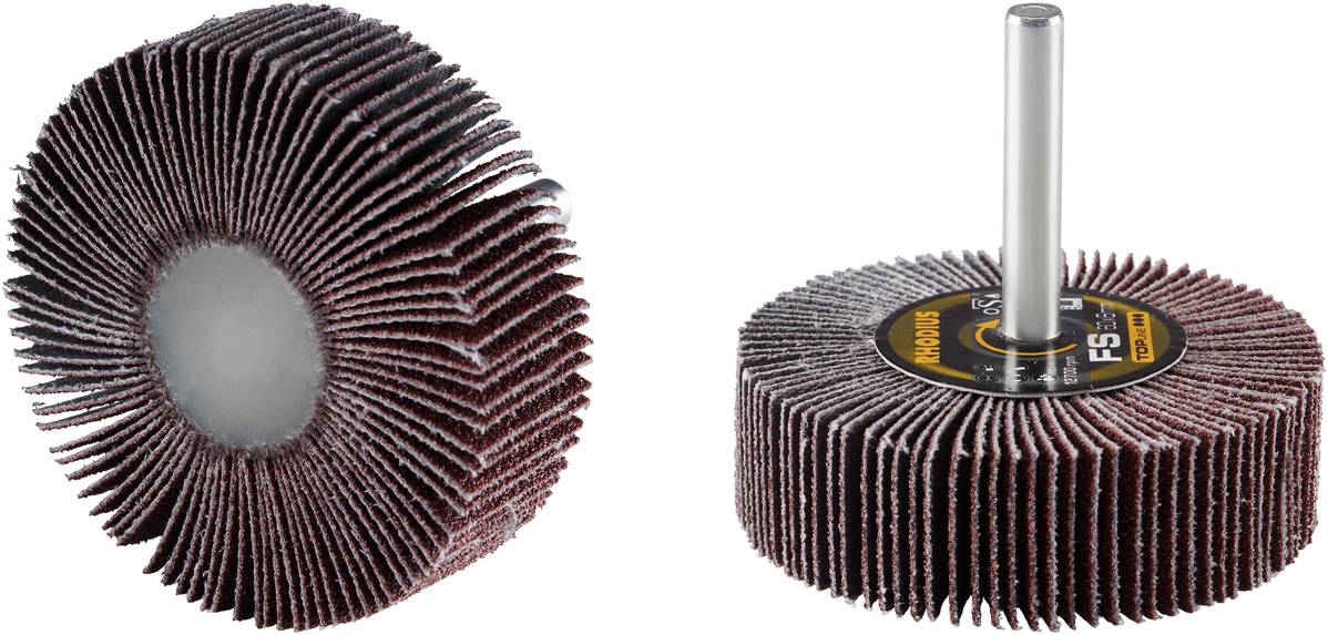 Abgebildet sind zwei Schleifräder mit radial angeordneten Lamellen. Eines hat eine horizontale Achse, das andere eine vertikale.