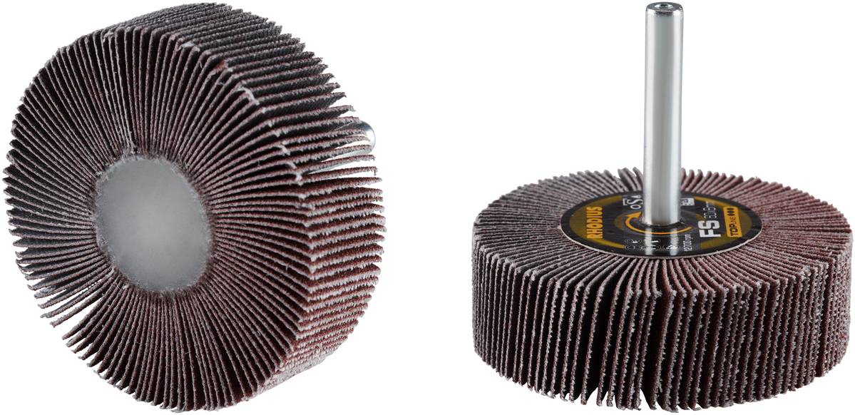 Zwei Schleiflamellenräder mit Metallschaft, geeignet für das Polieren und Schleifen verschiedener Oberflächen.