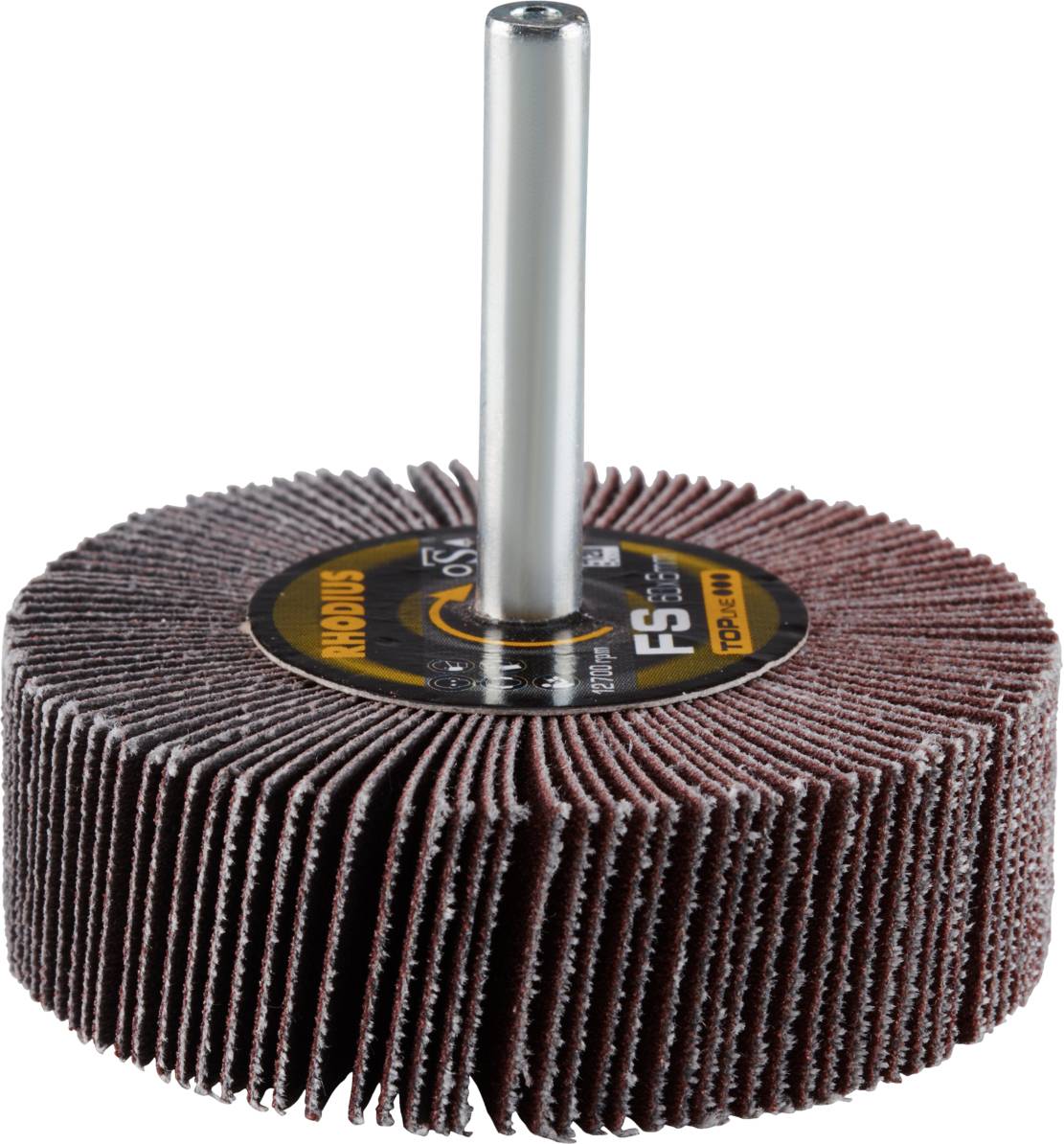 Schleifmop mit zylindrischem Metallschaft und radial angeordneten Schleifscheiben aus Sandpapier, zum Schleifen und Polieren geeignet.