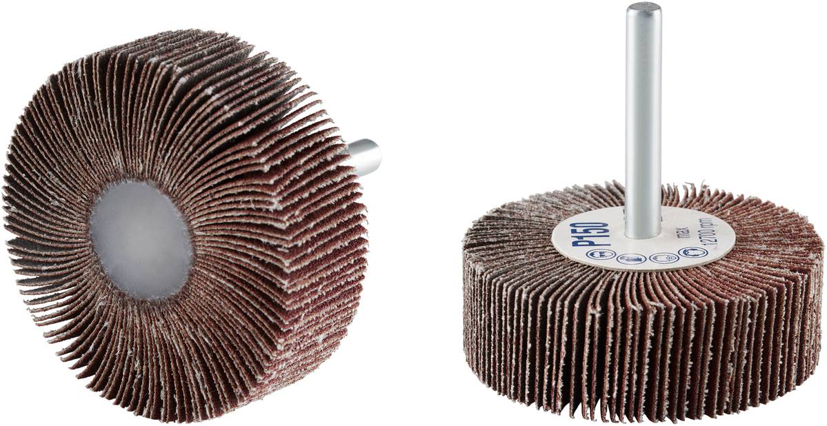 Zwei Schleifaufsätze mit zahlreichen Lamellen und einem Metallschaft. Sie sind für das Glätten und Polieren von Oberflächen geeignet.