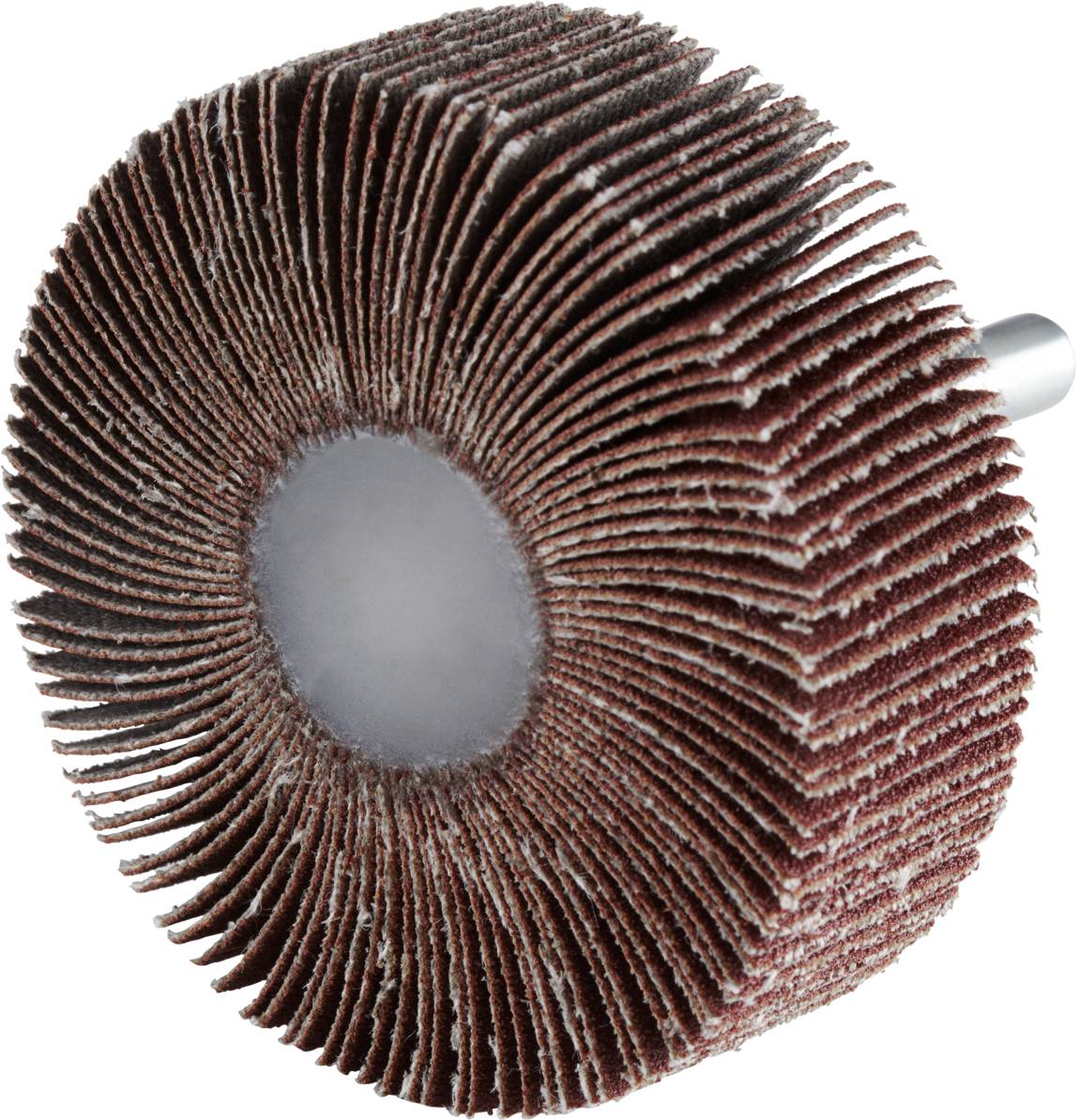 Schleiflamellenrad für Metallbearbeitung in Nahaufnahme, zylindrisch geformt mit radial angeordneten Schleiflamellen aus Schleifpapier.