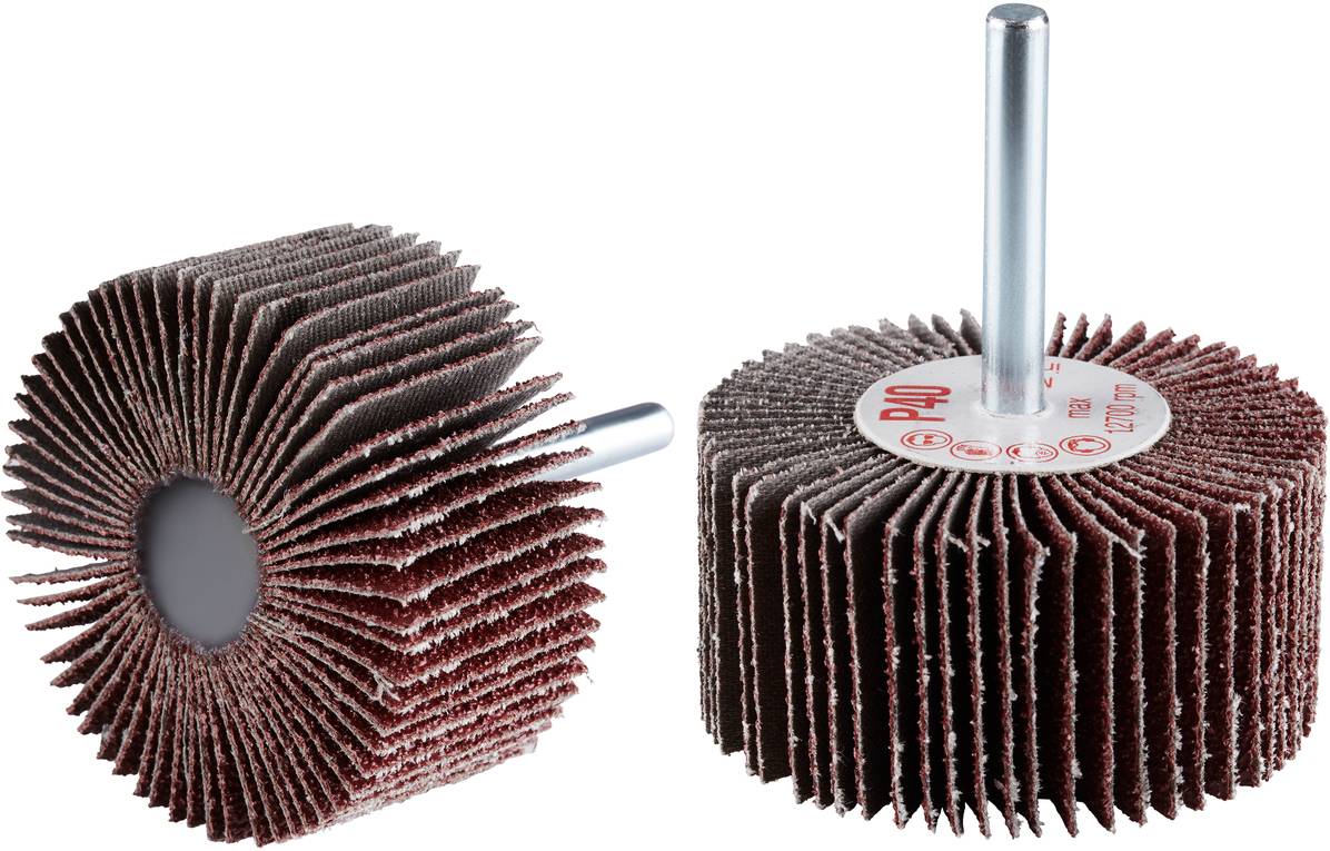 Zwei Schleifräder mit Metallstift, eins stehend, eins liegend. Geeignet zum Schleifen von Metalloberflächen. Stark strukturierte Schleifblätter.