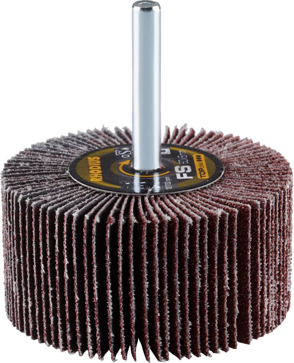 Schleiflamellenrad mit Dorn, aus Metall und Schmirgelpapier. Werkzeug zur Oberflächenbearbeitung, vielseitig in der Anwendung.