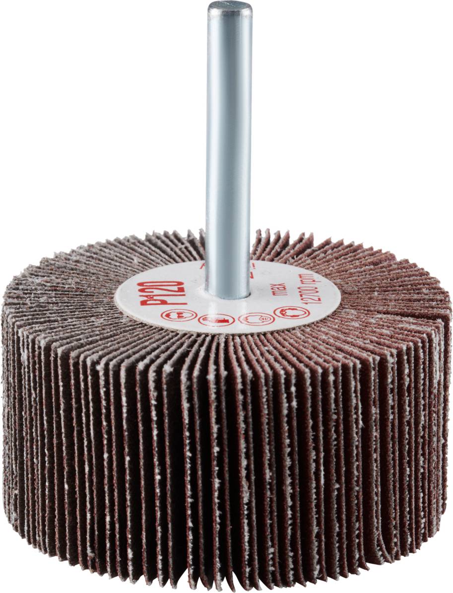 Schleifmop mit Stab, geeignet für Schleifarbeiten auf Metalloberflächen; zeigt Schleiflamellen rund um eine zentrale Achse.