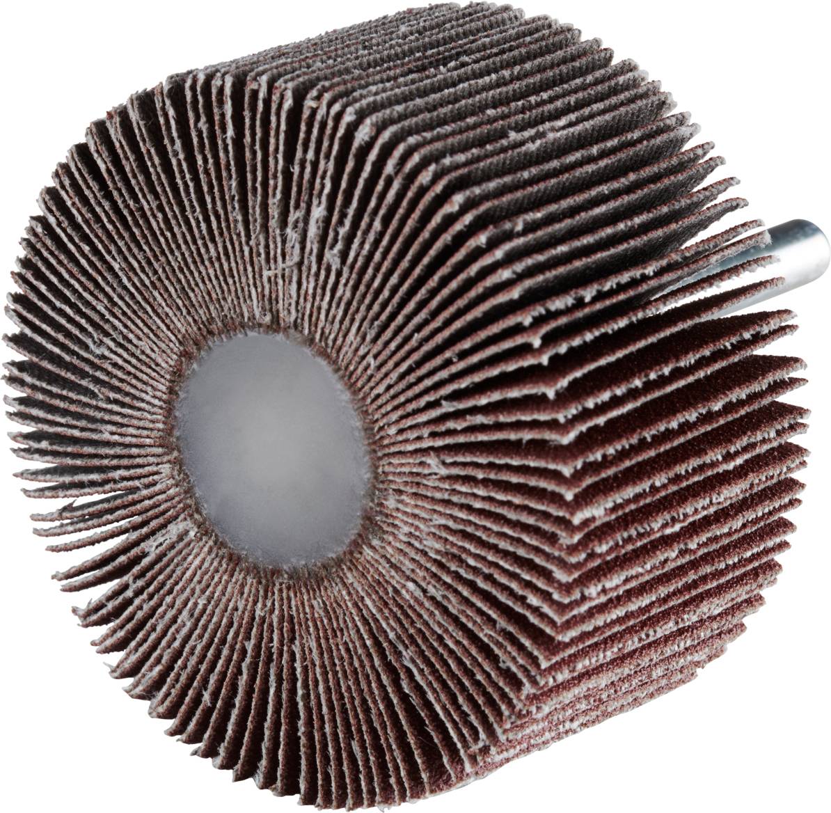 Ein zylindrisches Schleifwerkzeug mit radial angeordneten Schleifblättern und einem metallischen Schaft zum Einspannen in eine Bohrmaschine.