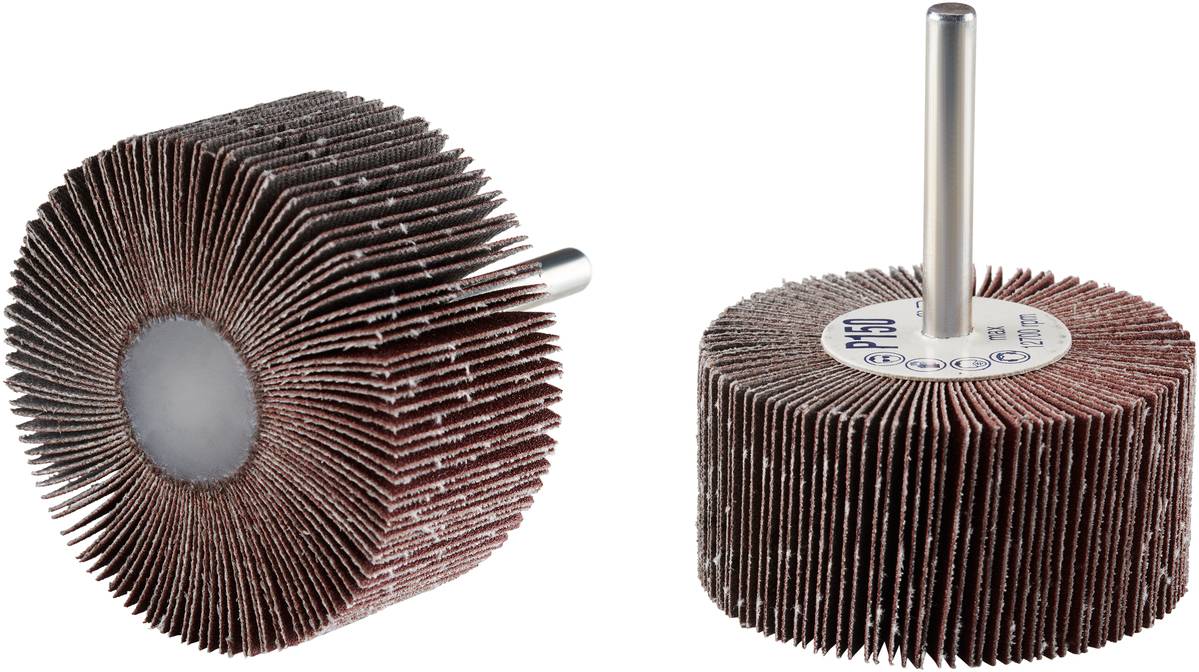 Zwei Schleifvlies-Lamellenräder mit Stahlschaft, ideal für die Bearbeitung von Metalloberflächen, stehen nebeneinander.
