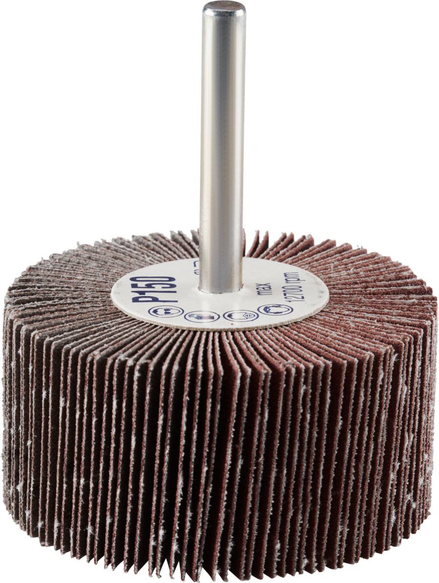 Runder Schleifaufsatz mit radial angeordneten Schleifblättern und einer zentralen Metallstange zur Befestigung an einer Maschine.