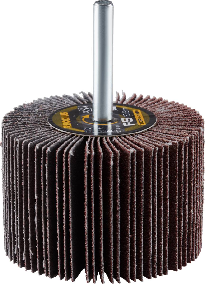 Schleifroller aus vielen Schleiflamellen mit Metallstiel, verwendet für Oberflächenbearbeitung und Materialabtrag in handgeführten Werkzeugen.