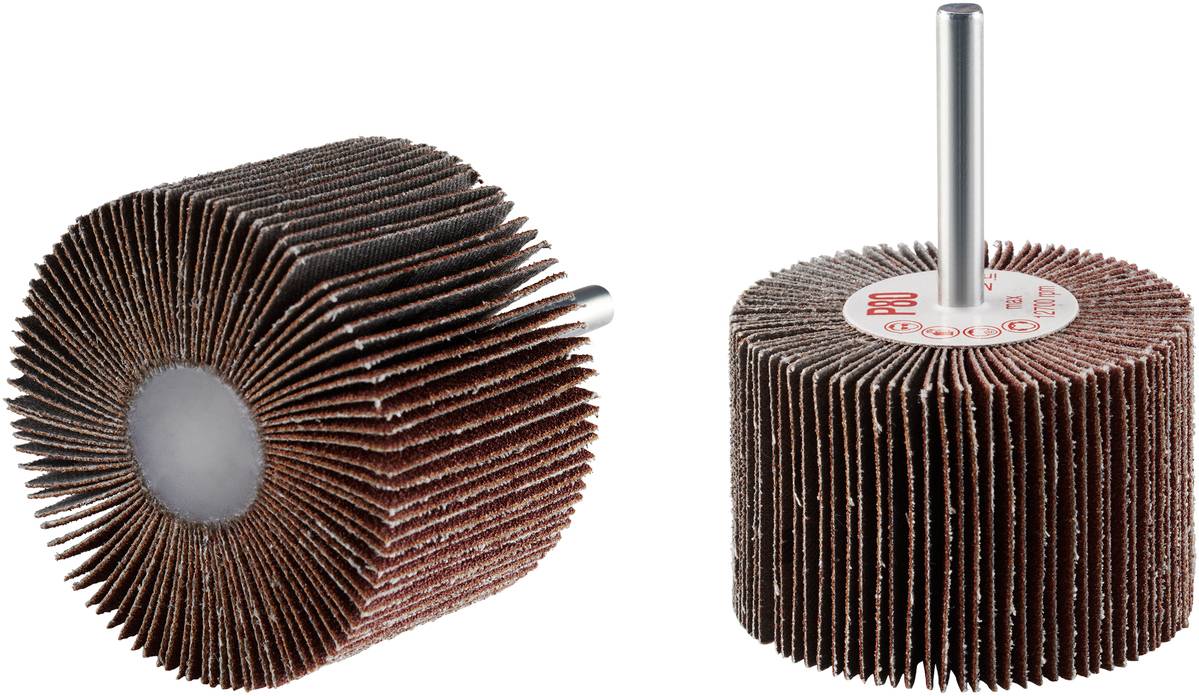 Zwei runde Schleifwalzen mit vielen Lamellen und einem Metallstift zur Befestigung. Geeignet zum Schleifen von Oberflächen.