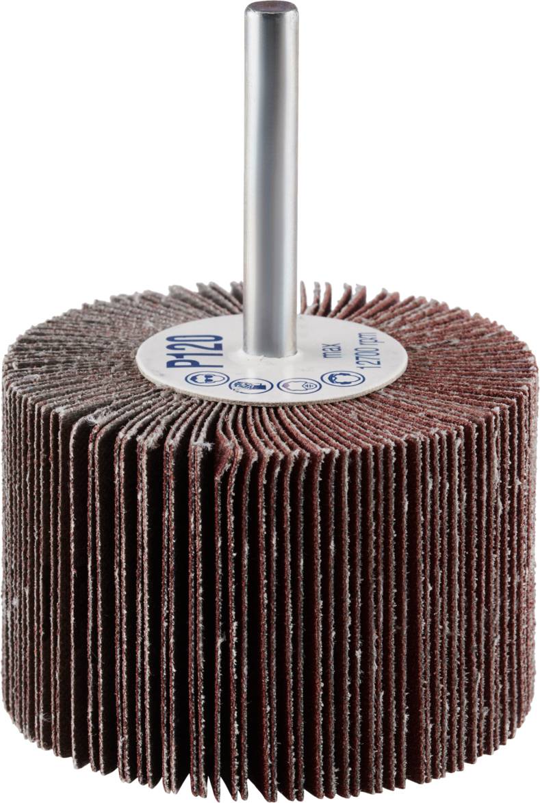 Eine Lamellenschleifscheibe mit vielen rotbraunen Schleiflamellen, montiert auf einer Metallstange, zum Schleifen von Oberflächen.