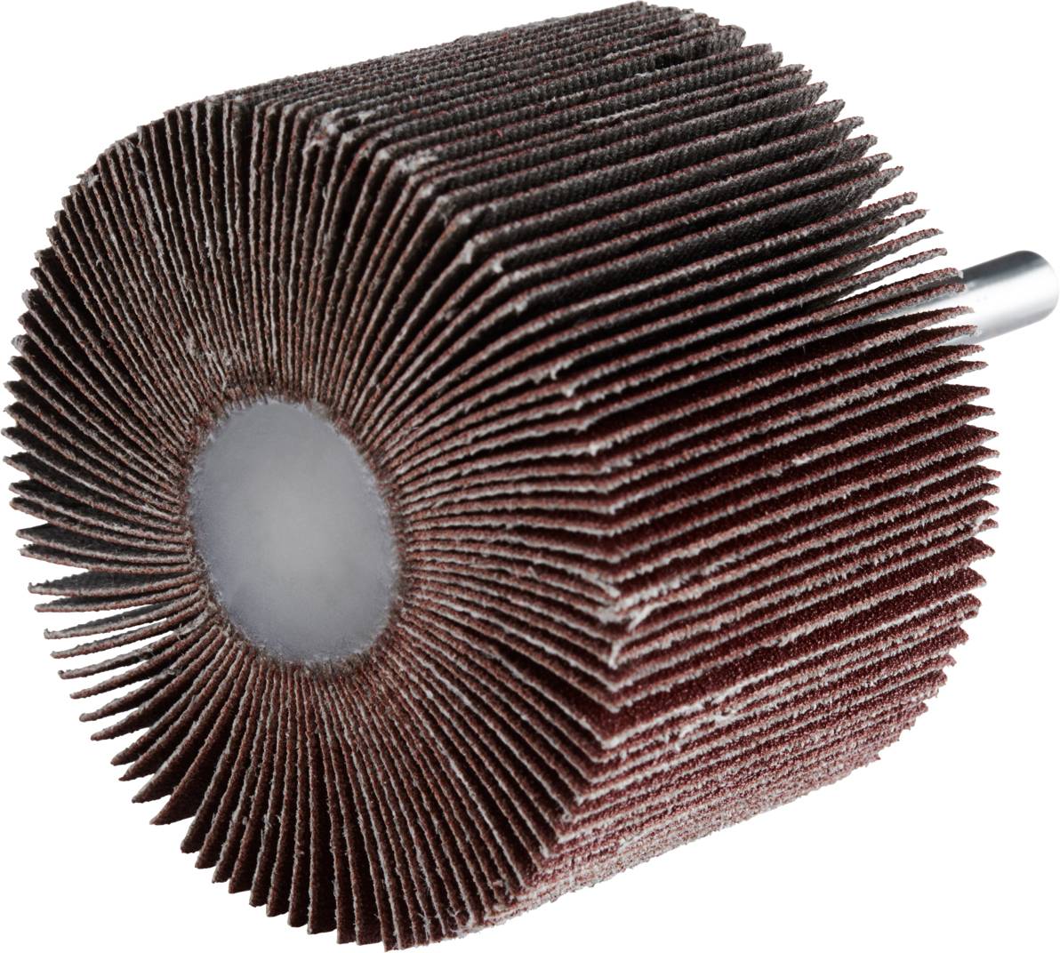 Schleifmop mit radial angeordneten Schleifblättern und Metallstange, verwendet zum Glätten von Oberflächen oder Entfernen von Material.