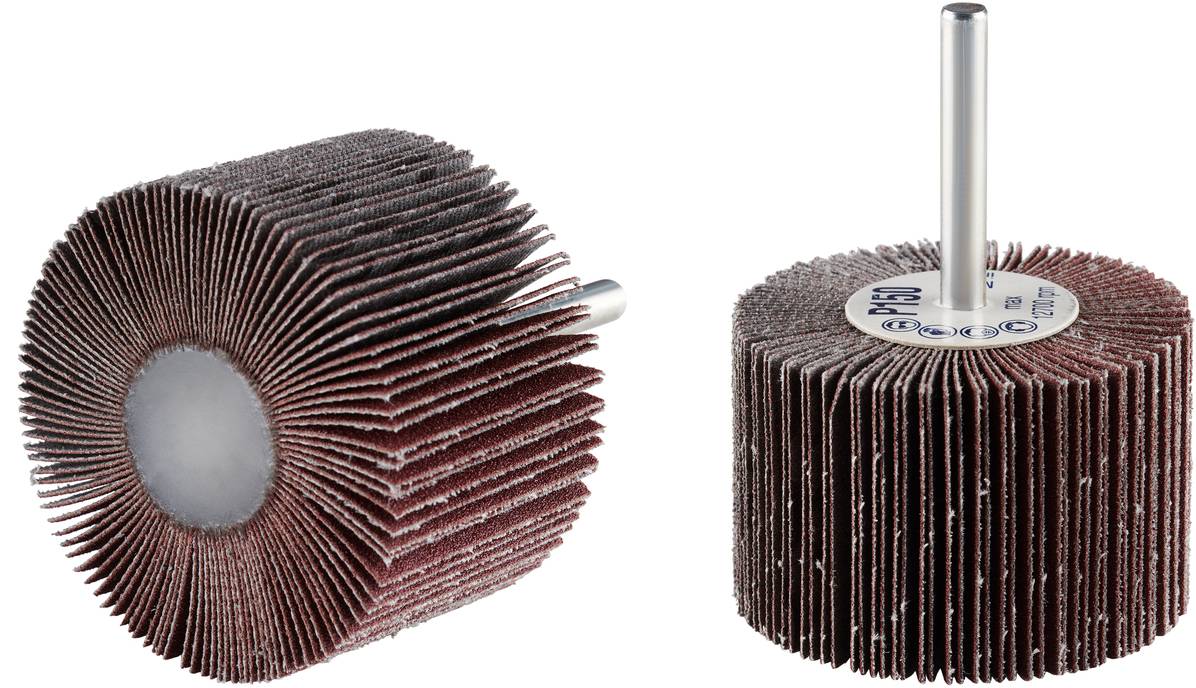 Zwei Schleifaufsätze mit Stabhalterung, bestehend aus radial angeordneten Schleifblättern. Sie sind für das Schleifen von Materialien geeignet.