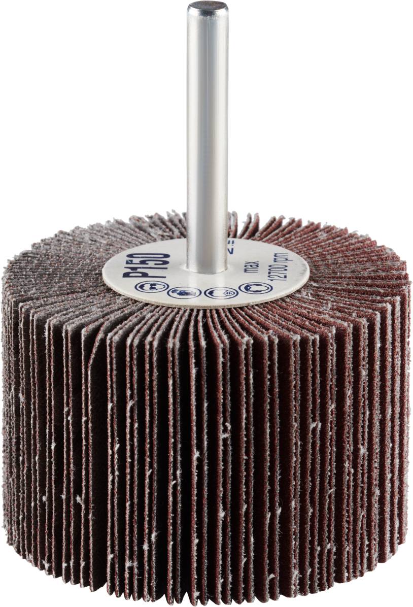 Schleiflamellenrad mit Stab aus braunem Schleifmaterial, genutzt für Oberflächenbearbeitung und Metallpolitur in Werkstätten.