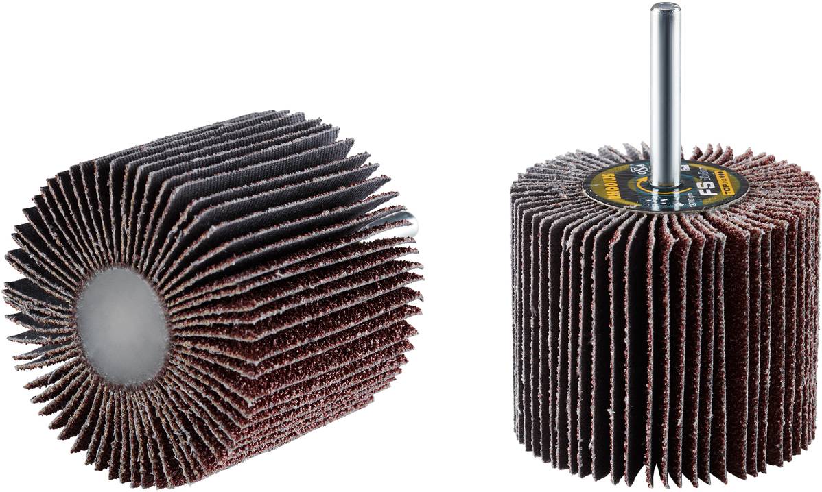 Zwei Schleifwalzen mit Schleiflamellen für Oberflächenbearbeitung, eine seitlich und eine frontal gezeigt. Geeignet für Metallarbeiten.