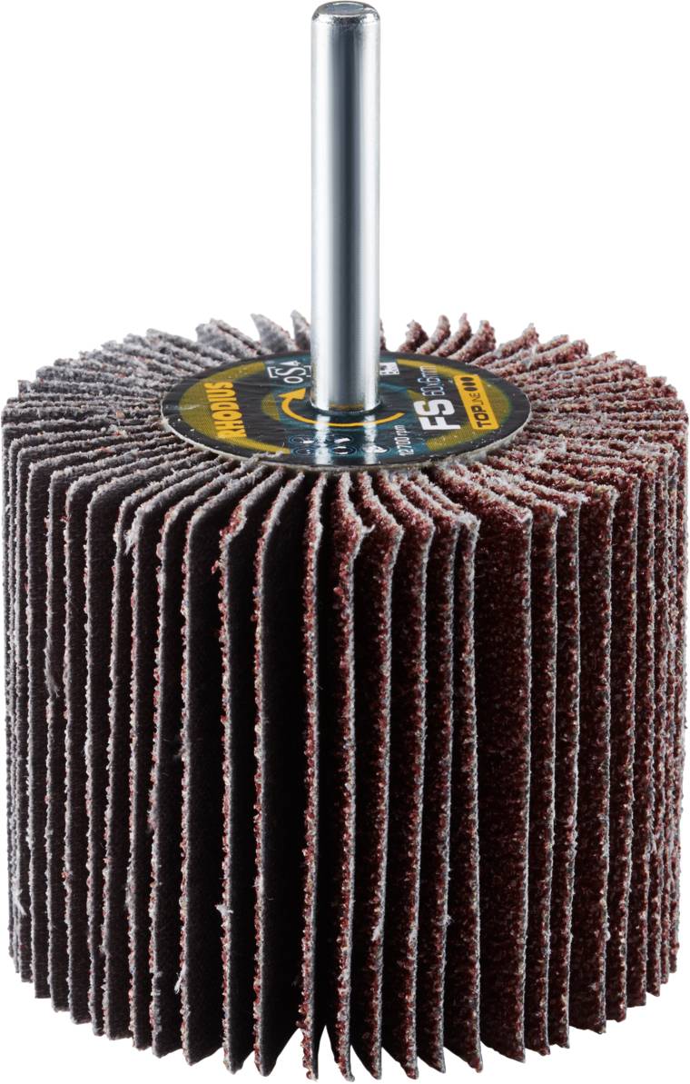 Schleifkörper mit rot-braunen Lamellen und Metallschaft, verwendet zum Polieren und Schleifen in handwerklichen oder industriellen Anwendungen.