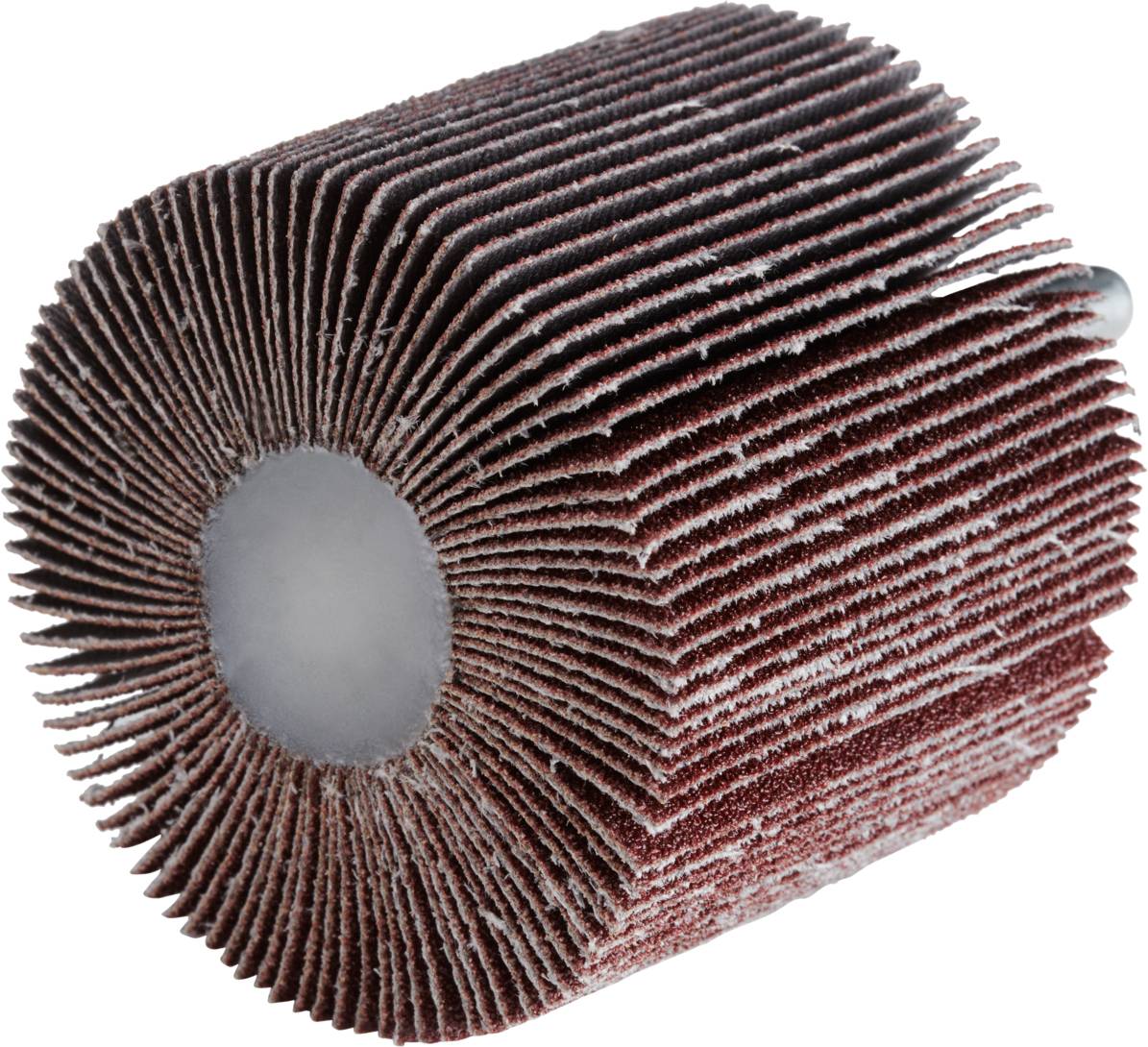 Eine zylindrische Schleifscheibe mit vielen roten Schichten, entworfen zur Feinbearbeitung von Oberflächen in handwerklichen oder industriellen Anwendungen.