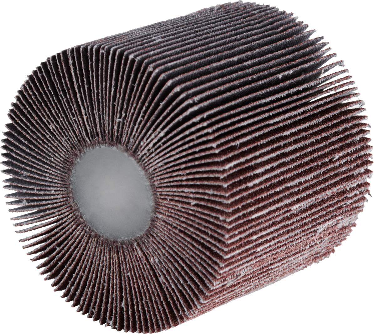 Zylindrische Schleifscheibe mit radialen Lamellen aus Schleifpapier, verwendet für Metallbearbeitung und Oberflächenglättung.
