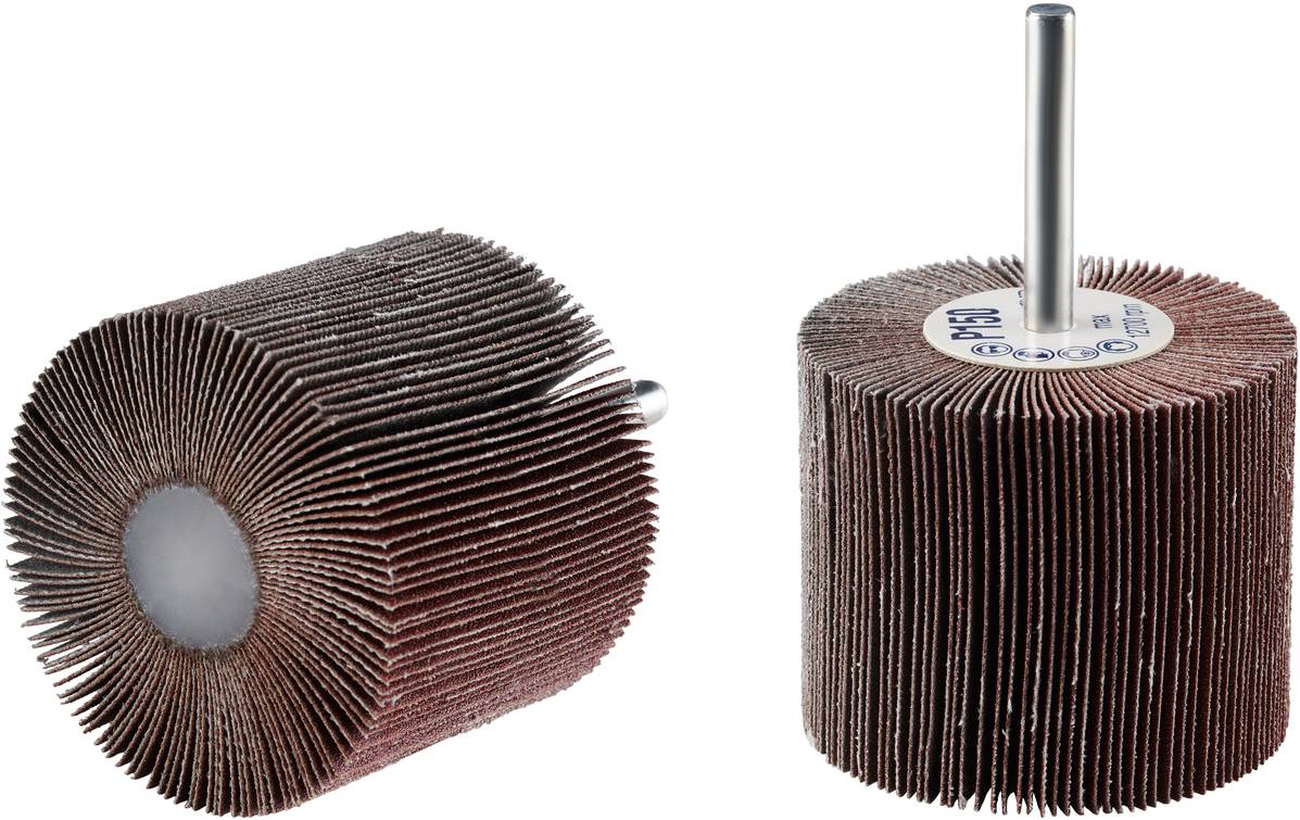 Zwei Fächerschleifer mit Schleiflamellen und Metallstift. Ideal zum Schleifen und Polieren von Oberflächen.