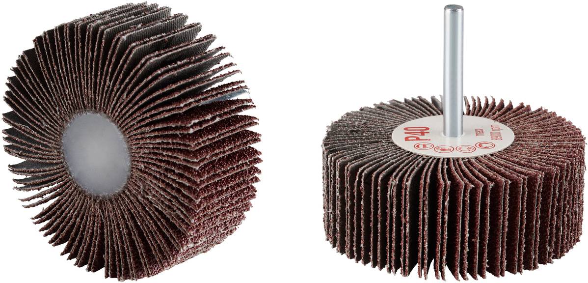 Zwei Schleifräder mit dicht gepackten Schleiflamellen und einem Metallstift in der Mitte; geeignet für Polierarbeiten.