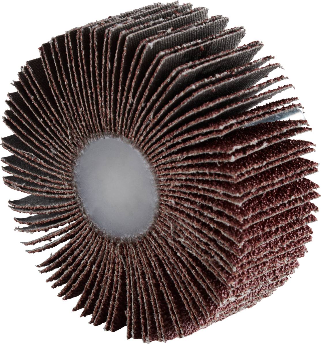 Schleifscheibe mit vielen Fächern in Ringform, braune Schleifoberfläche, zentrale Öffnung. Verwendet zum Schleifen oder Polieren.