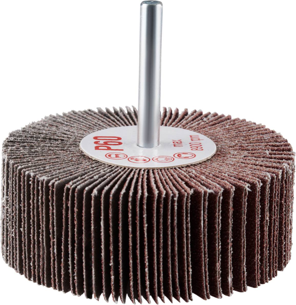 Schleifmop mit vielen Lamellen und Metallstift. Beschriftung 'P60'. Verwendung für Schleifarbeiten in handgeführten Werkzeugen.