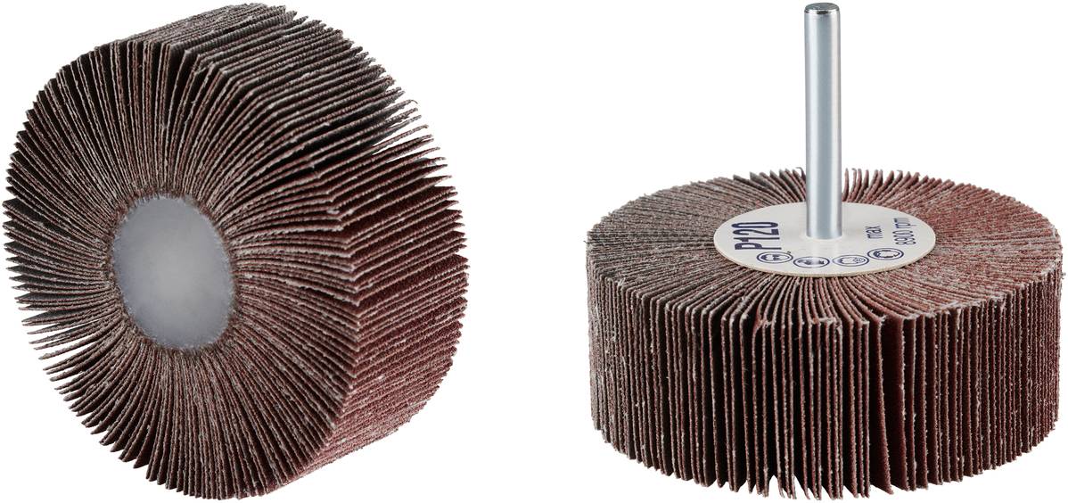 Zwei Schleifmopräder mit Schleifblättern; eines zeigt die Vorderansicht, das andere die Seitenansicht mit Halterung.