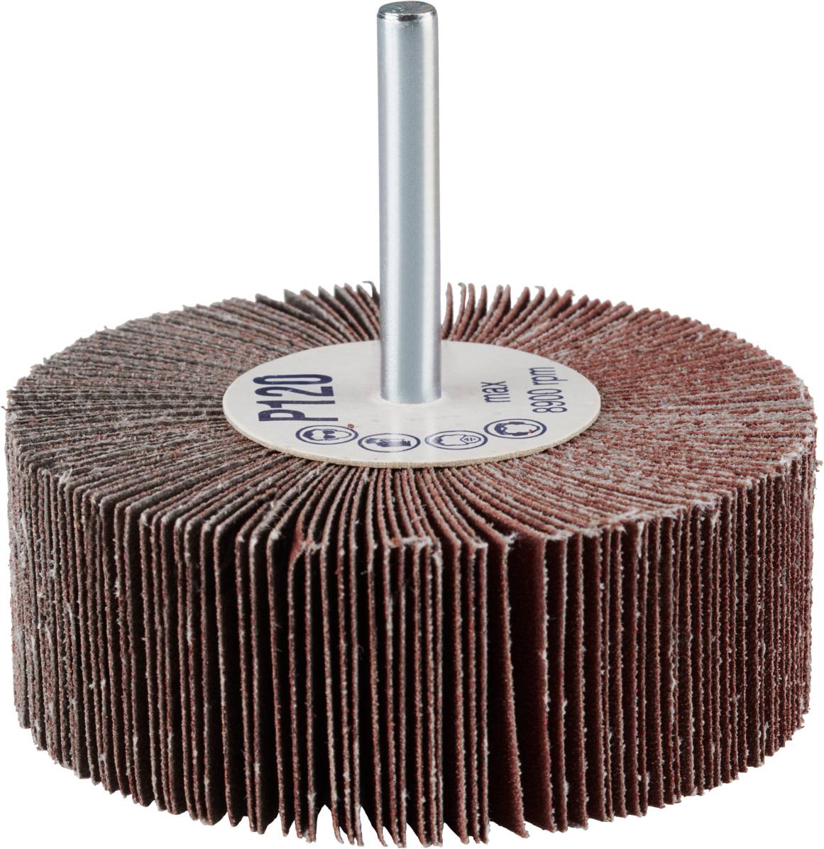 Ein runder Schleifvliesaufsatz mit Metallstift. Geeignet für Bohrmaschinen zur Oberflächenbearbeitung, gekennzeichnet mit 'P120'.