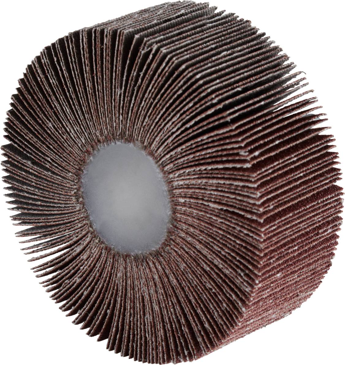 Ein rundes Schleifscheibenwerkzeug mit vielen radial angeordneten, fächerförmigen Schleifblättern.