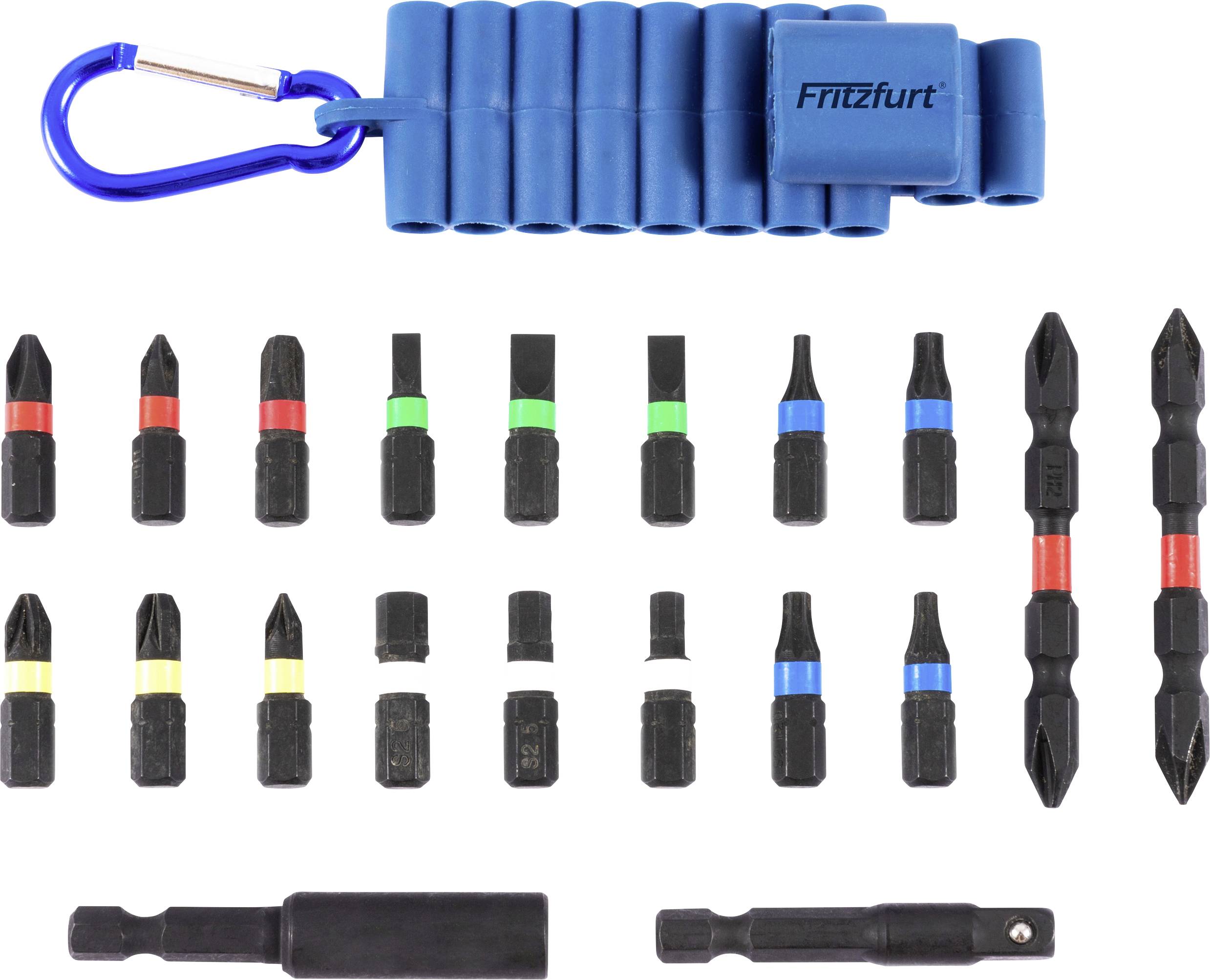 Ein Set verschiedener Schraubenziehereinsätze in einem tragbaren Halter, darunter Phillips-, Schlitz- und Torx-Bits, einige mit Farbcodierung. Blauer Karabiner angebracht.