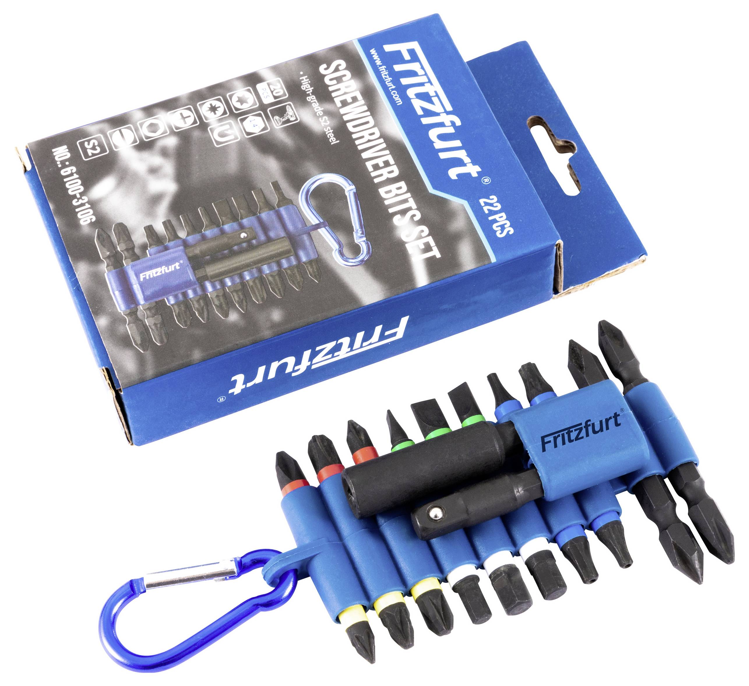 Fitzfurt Schraubendreher-Bitset, 22 Teile, enthält verschiedene Bits und einen kompakten Halter mit Clip, neben der Verpackung angezeigt.