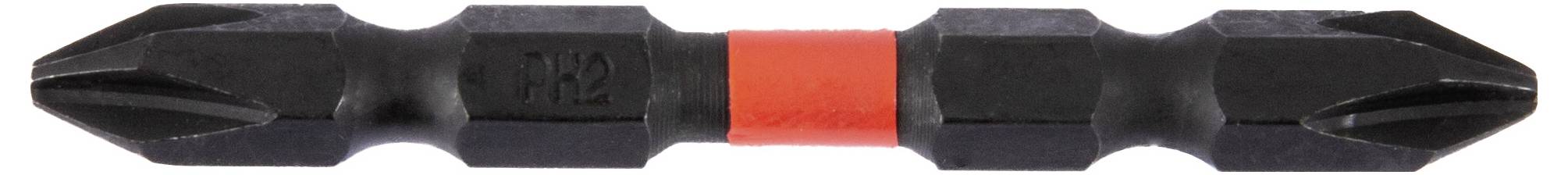 Ein doppelendiger Schraubenziehereinsatz, schwarz mit einem roten Band in der Mitte, mit einer Kreuzschlitz-Bit auf beiden Enden für vielseitige Verwendung.