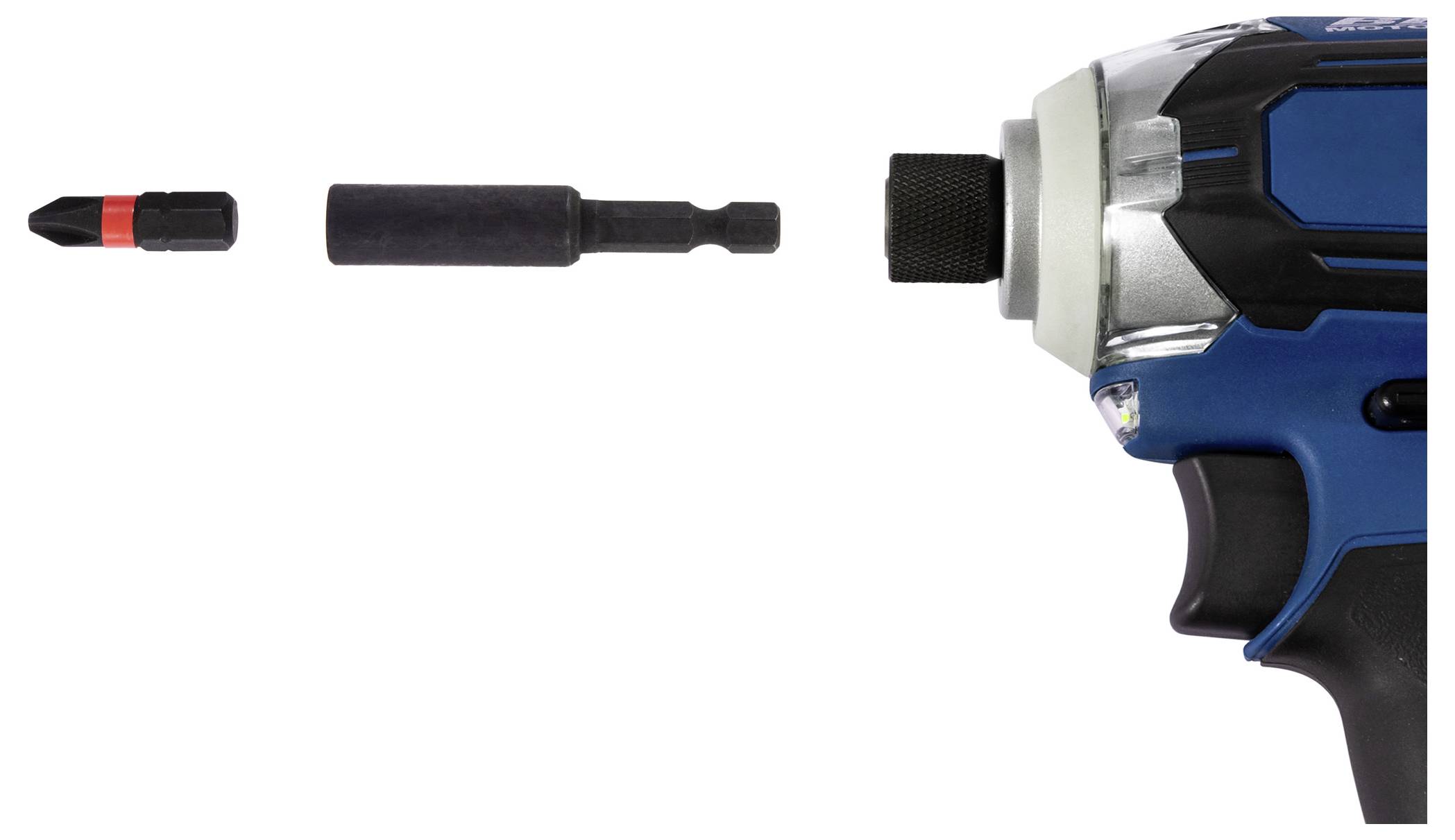 Eine blaue Bohrmaschine mit auswechselbarem Bohrer und Adapter, seitlich nebeneinander dargestellt, was zeigt, wie die Komponenten für den Einsatz zusammenpassen.