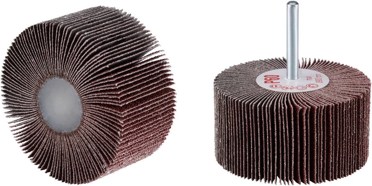 'Schleifmop' mit radial angeordneten Schleifblättern um eine zentrale Achse. Links in Seitenansicht, rechts in perspektivischer Ansicht.