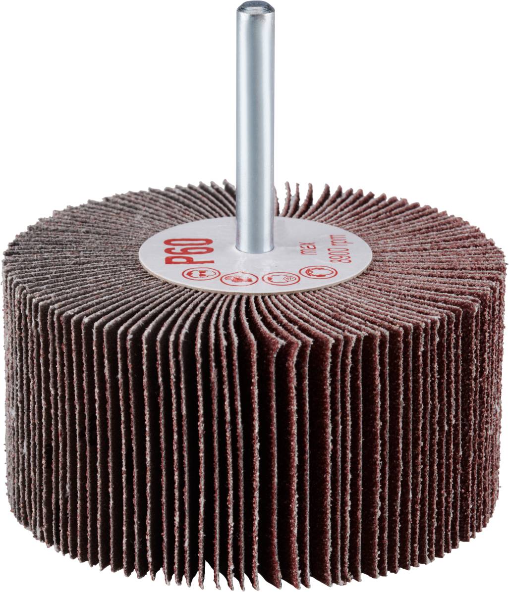 'Schleifmop mit Griff' zeigt Schleifscheiben in Fächerform. Textur aus abrasivem Material zum Schleifen oder Polieren.