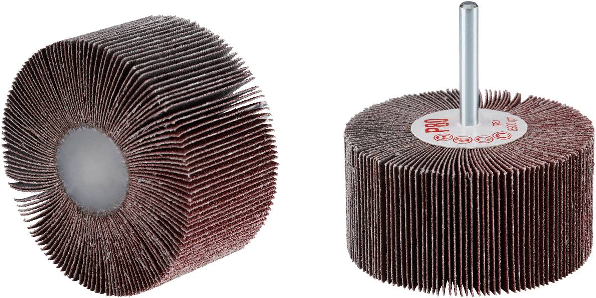 Zwei Schleifräder mit Lamellenstruktur und Schaft, hergestellt für Feinschliff und Polieren. Eines steht aufrecht, das andere liegt flach.